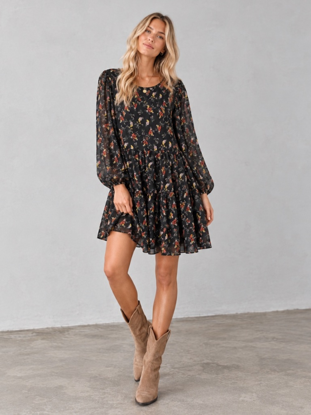 ABERCROMBIE & FITCH Ditsy Floral Long Sleeve Tiered Mini Dress Chiffon Black L